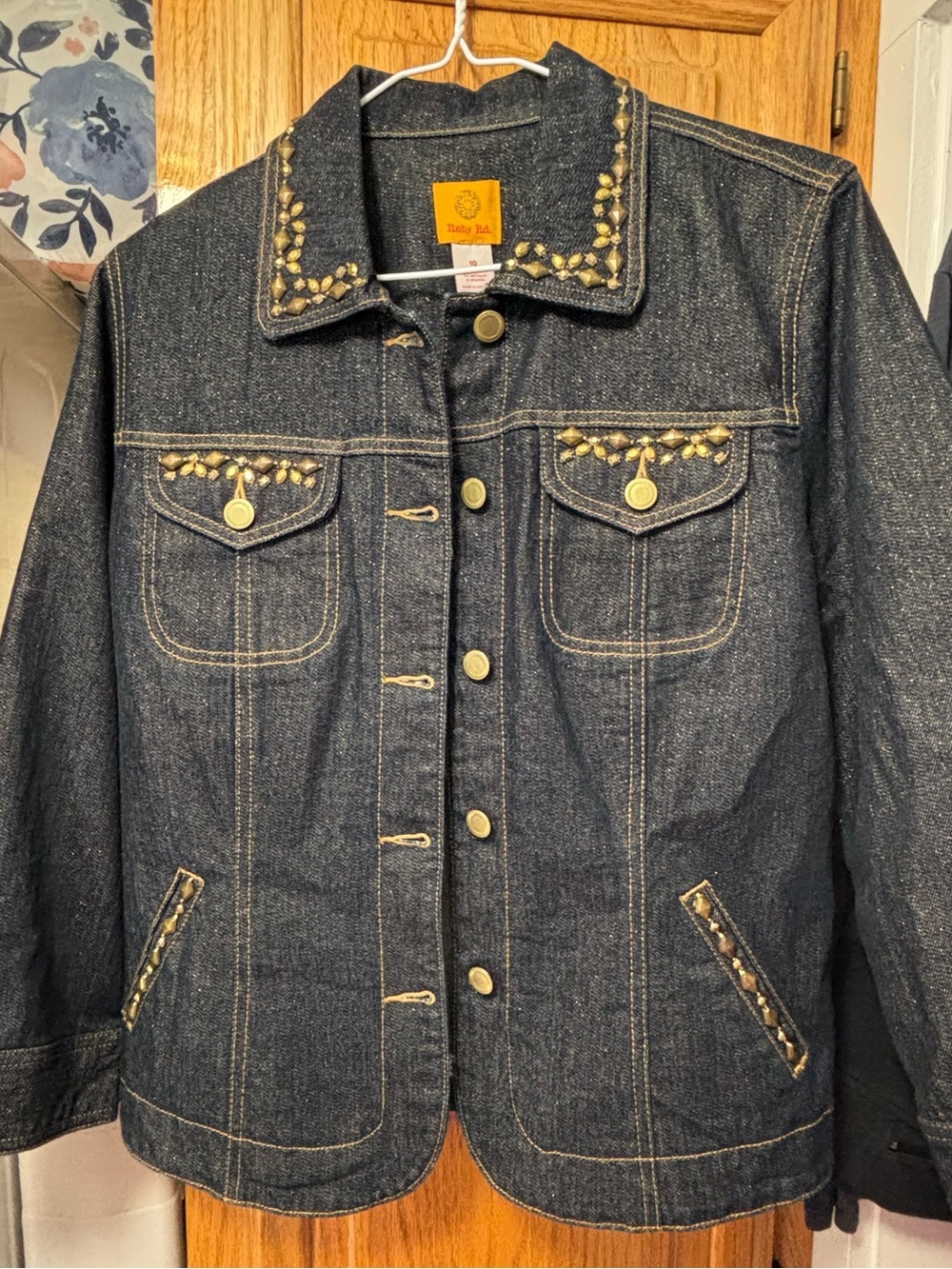 Ruby Rd. Dark Blue Denim Jacket with Gold Stud Accents